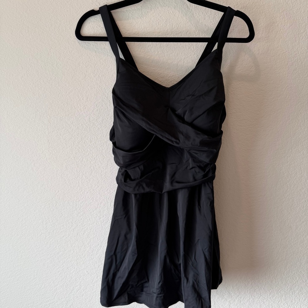 Denim & Co Beach Black Swim Dress One Piece Surplice Ruched 18WP Plus Petite